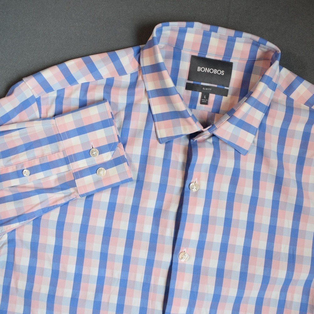 Bono's Mens Slim Fit Plaid Button Down Long Sleeve‎ Shirt Large Pink Blue
